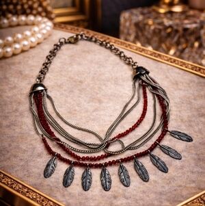 Vintage Silver Multi-Layered Necklace with Feather Pendants